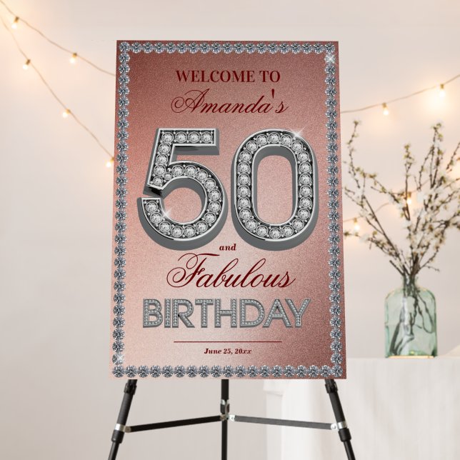 Rose gold silver 50th birthday party welcome sign (In Situ (Stand))