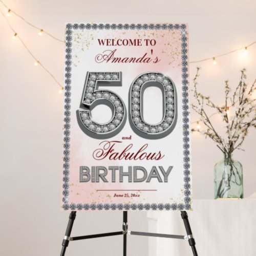 Rose gold silver 50th birthday party welcome sign