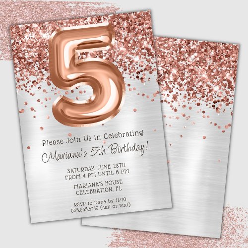 Rose Gold Silver 5th Birthday Party Invitation