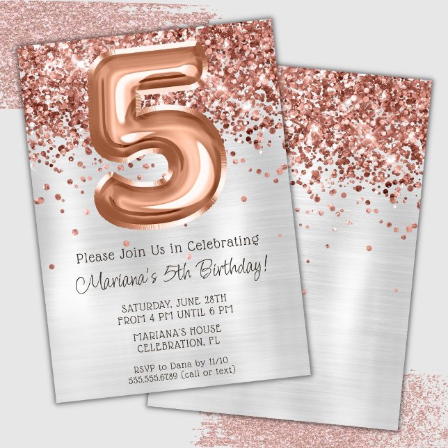 Rose Gold Silver 5th Birthday Party Invitation (Creator Uploaded)