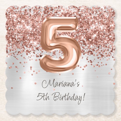 Rose Gold Silver 5th Birthday Party Paper Coaster