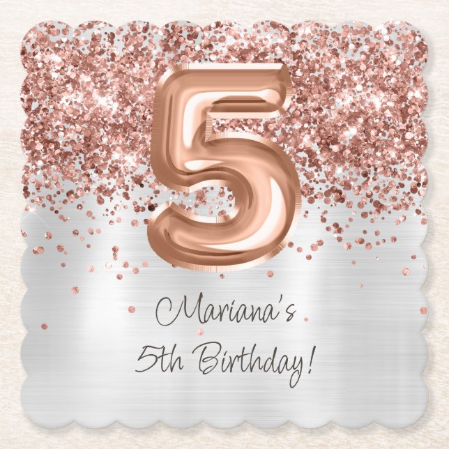 Rose Gold Silver 5th Birthday Party Paper Coaster (Front)