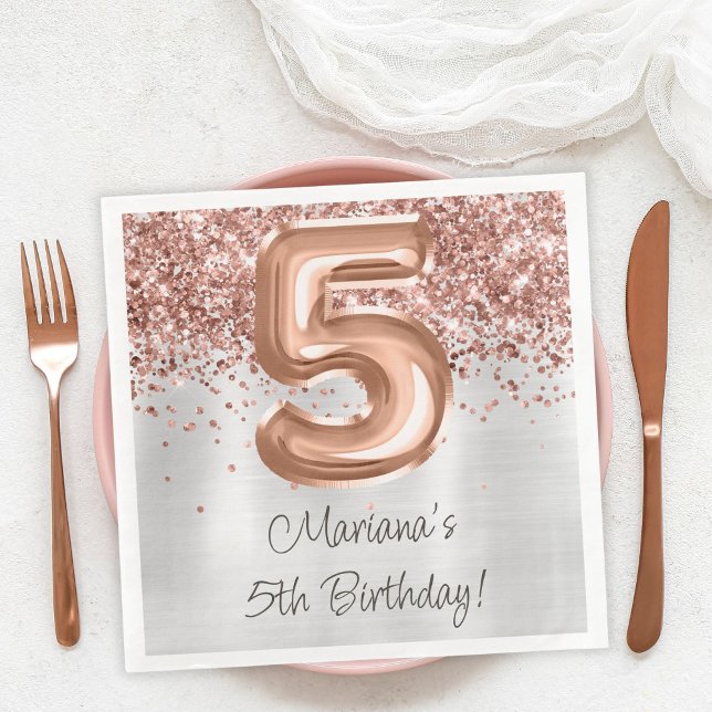  Rose Gold Silver 5th Birthday Party Paper Dinner Napkins (Creator Uploaded)