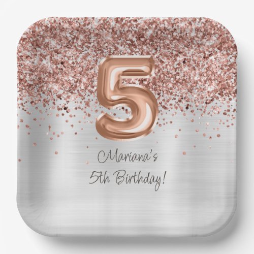  Rose Gold Silver 5th Birthday Party Paper Plates