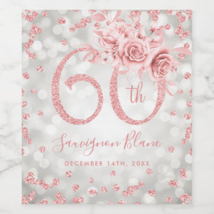 Rose Gold Silver 60th Birthday Floral Glam Lights Wine Label