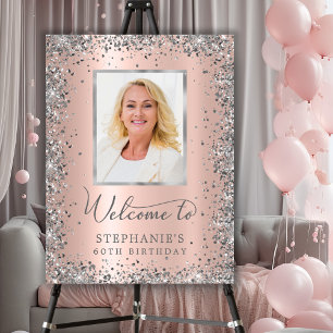 Rose Gold Silver 60th Birthday Photo Welcome Foam Board