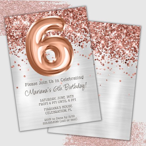 Rose Gold Silver 6th Birthday Party Invitation