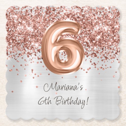  Rose Gold Silver 6th Birthday Party Paper Coaster