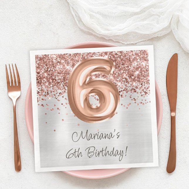  Rose Gold Silver 6th Birthday Party Paper Dinner Napkins (Creator Uploaded)