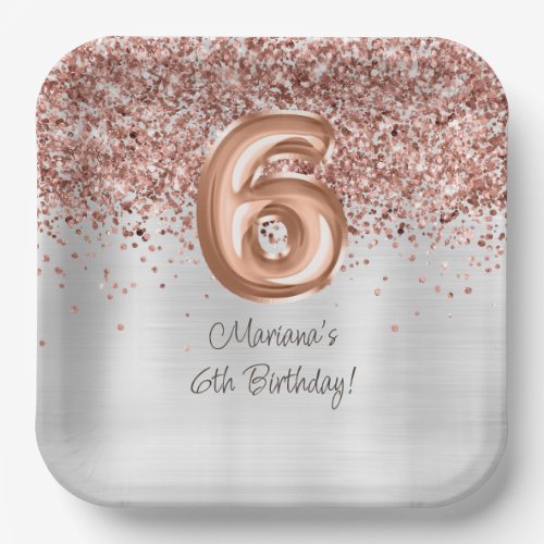  Rose Gold Silver 6th Birthday Party Paper Plates