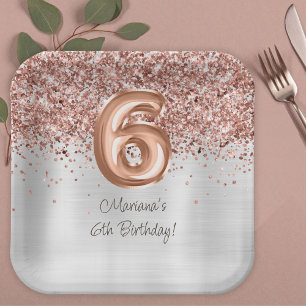  Rose Gold Silver 6th Birthday Party Paper Plates