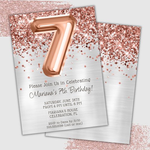 Rose Gold Silver 7th Birthday Party Invitation