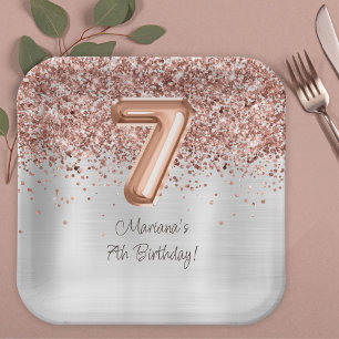  Rose Gold Silver 7th Birthday Party Paper Plates
