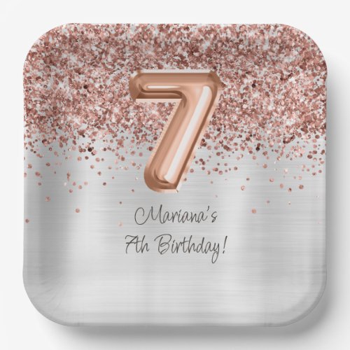  Rose Gold Silver 7th Birthday Party Paper Plates