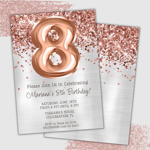 Rose Gold Silver 8th Birthday Party Invitation