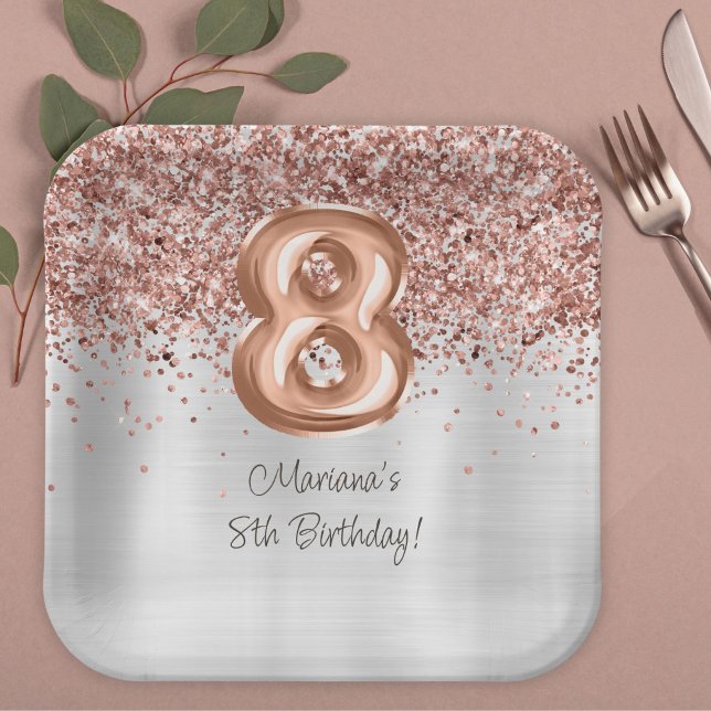  Rose Gold Silver 8th Birthday Party Paper Plates (Creator Uploaded)