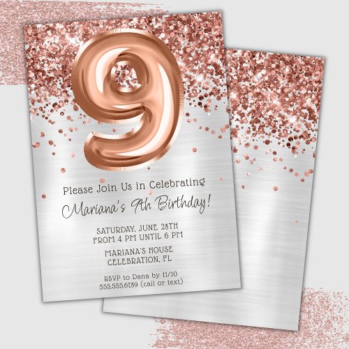 Rose Gold Silver 9th Birthday Party Invitation