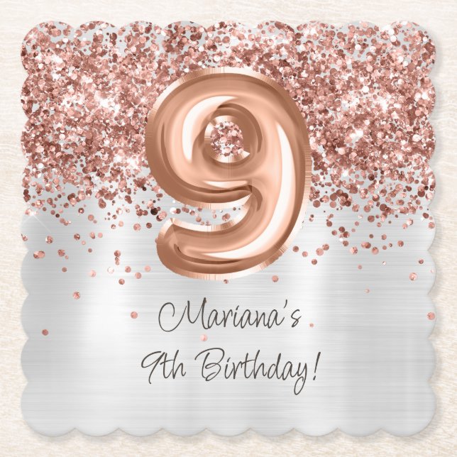  Rose Gold Silver 9th Birthday Party Paper Coaster (Front)