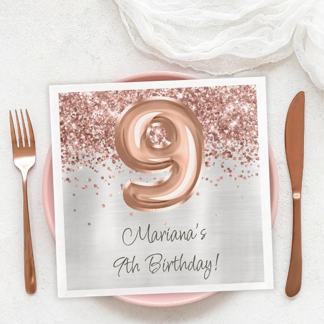  Rose Gold Silver 9th Birthday Party Paper Dinner Napkins (Creator Uploaded)