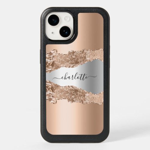 Rose gold silver agate marble metal name script OtterBox iPhone 14 case
