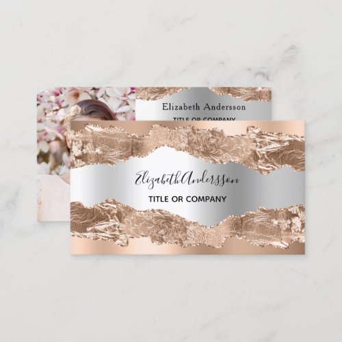 Rose gold silver agate marble metal qr code photo business card