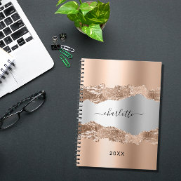 Rose gold silver agate marble name script notebook