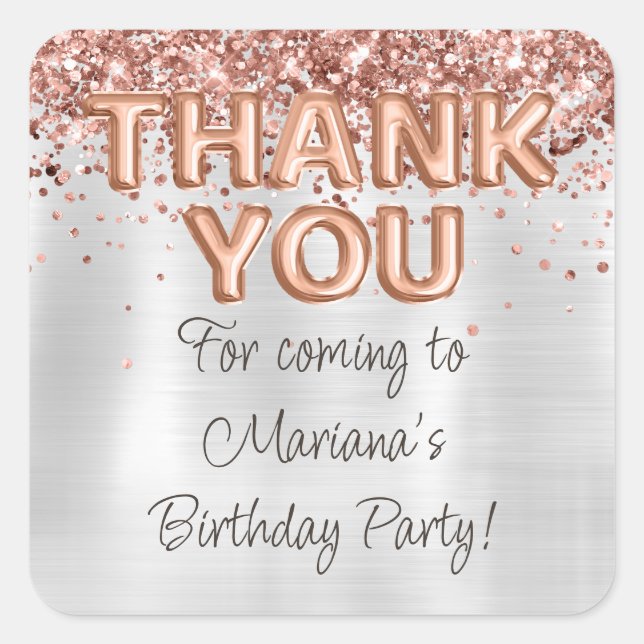 Rose Gold Silver Birthday Party Favors Square Sticker (Front)