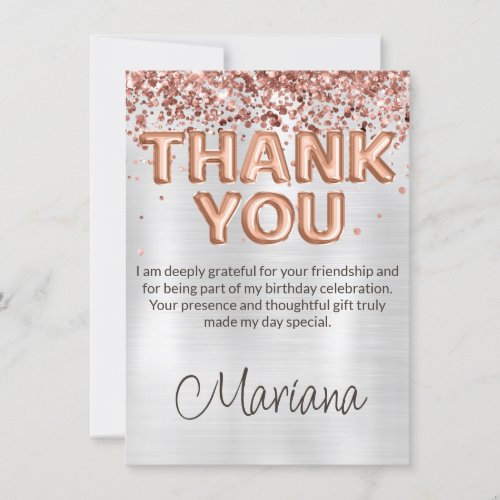Rose Gold Silver Birthday Party Thank You Card