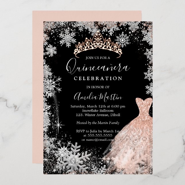 Rose Gold Silver Black Snowflake Quinceanera  Foil Invitation (Front/Back)