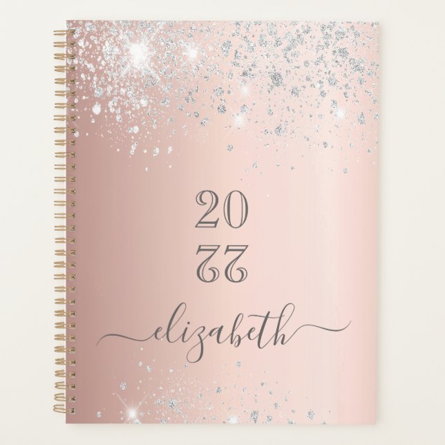 Rose gold silver blush glitter monogram 2025 planner (Front)