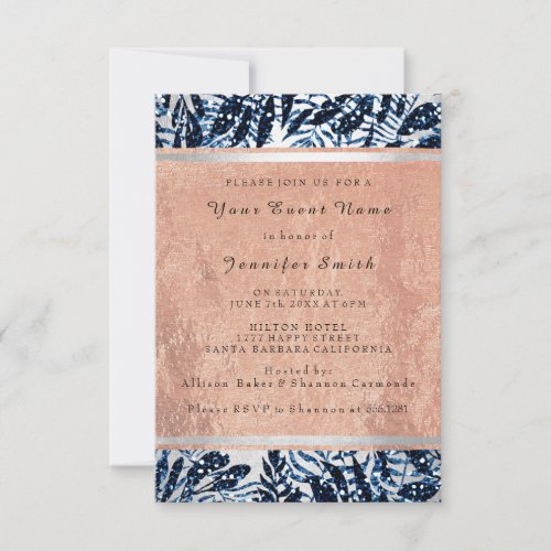 Rose Gold Silver Bridal 16th Blue Navy Palm Tree Invitation