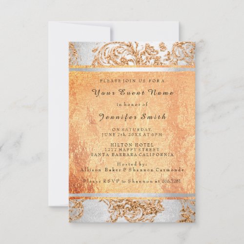 Rose Gold Silver Bridal 16th Damask Coral Peach Invitation