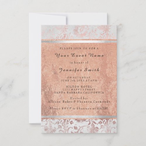 Rose Gold Silver Bridal 16th Damask Grungy Cottage Invitation