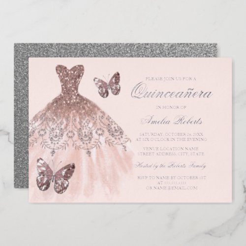 ROSE GOLD SILVER Butterfly Dress Quinceanera   Foil Invitation