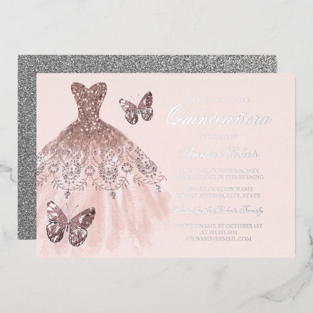 ROSE GOLD SILVER Butterfly Dress Quinceanera   Foil Invitation (Front/Back)