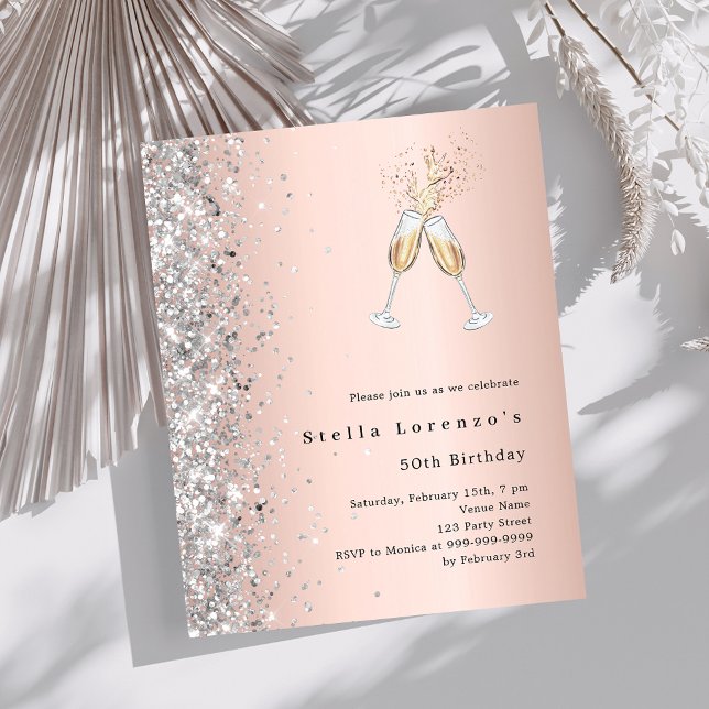 Rose gold silver cheers birthday invitation (Creator Uploaded)