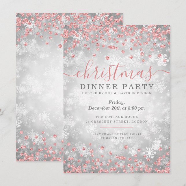 Rose Gold & Silver Christmas Glitter Winter Wonder Invitation (Front/Back)