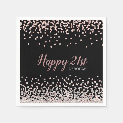Rose Gold Silver Confetti 21st Birthday Party Napkins
