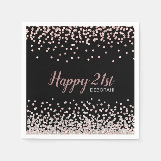 Rose Gold Silver Confetti 21st Birthday Party Napkins (Front)