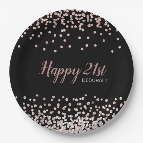 Rose Gold Silver Confetti 21st Birthday Party Paper Plates