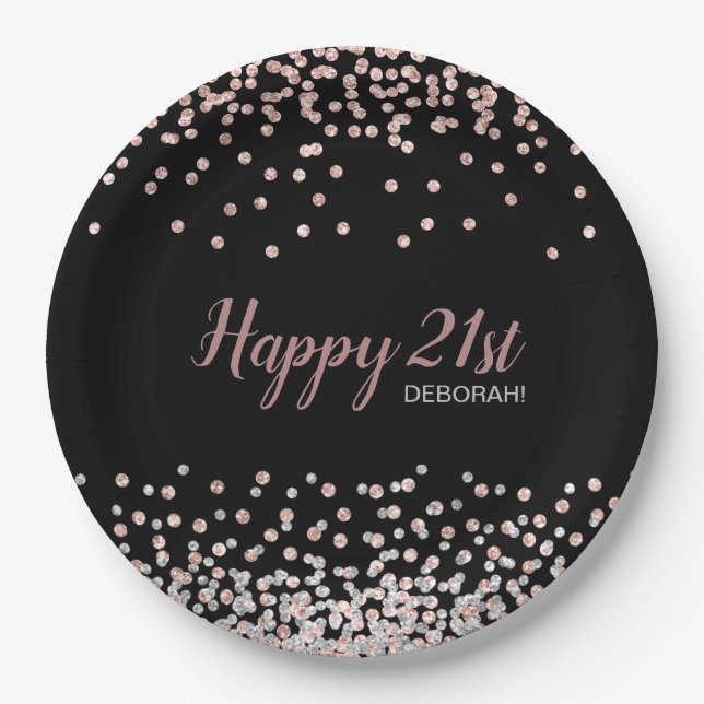Rose Gold Silver Confetti 21st Birthday Party Paper Plates (Front)