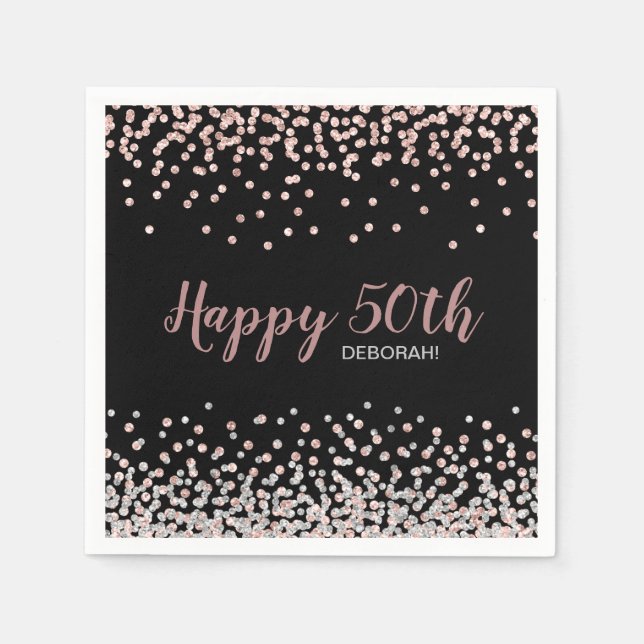 Rose Gold Silver Confetti 50th Birthday Party Napkins (Front)