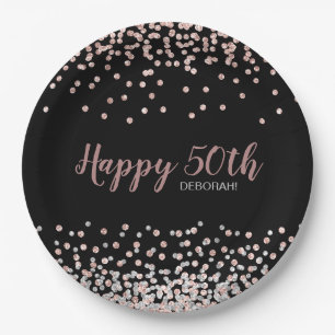 Rose Gold Silver Confetti 50th Birthday Party Paper Plates