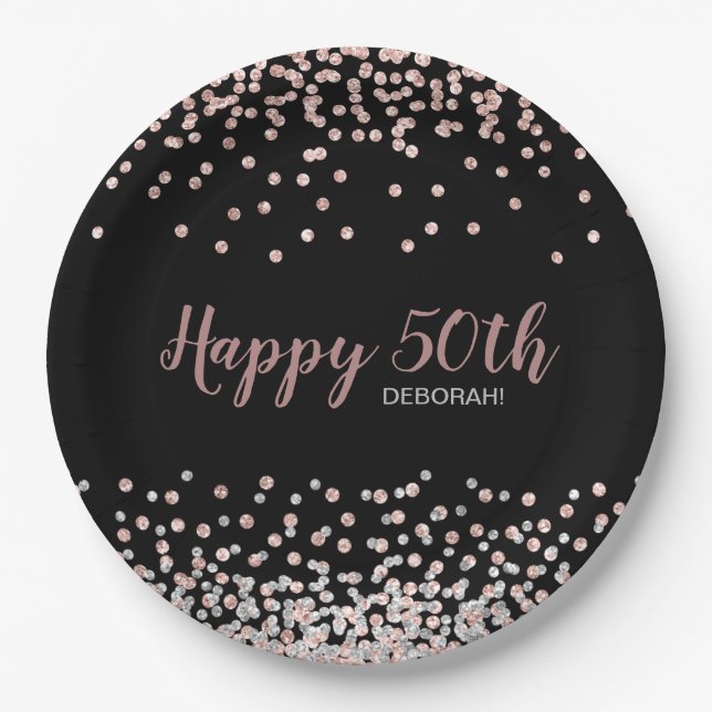 Rose Gold Silver Confetti 50th Birthday Party Paper Plates (Front)
