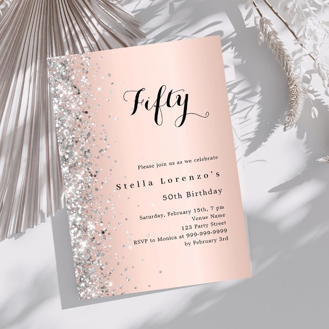 Rose gold silver confetti birthday invitation (Creator Uploaded)