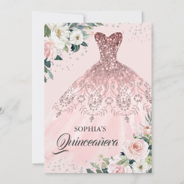 Rose Gold Silver Diamond Gown Floral Quinceanera Invitation (Front)