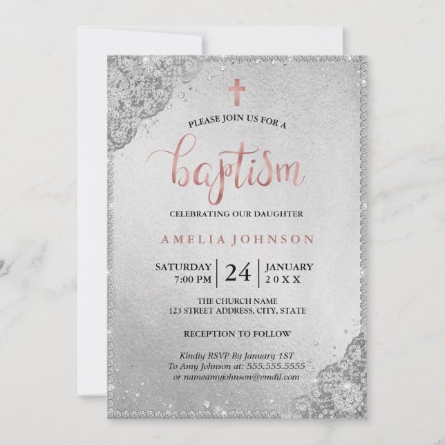 Rose Gold Silver Diamond Lace Cross Baptism Invitation (Front)
