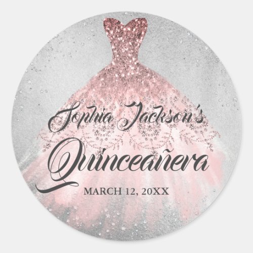 Rose Gold Silver Diamond Sparkle Gown Quinceanera Classic Round Sticker