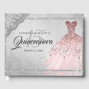 Rose Gold Silver Diamond Sparkle Gown Quinceanera Guest Book