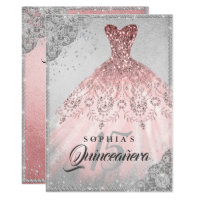 Rose Gold Silver Diamond Sparkle Gown Quinceanera Invitation